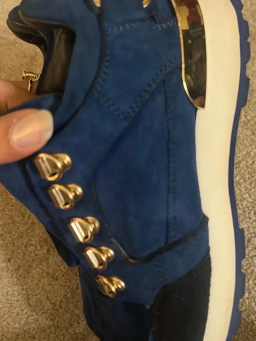 Versace Navy Blue Suede Sneakers with Gold Accents